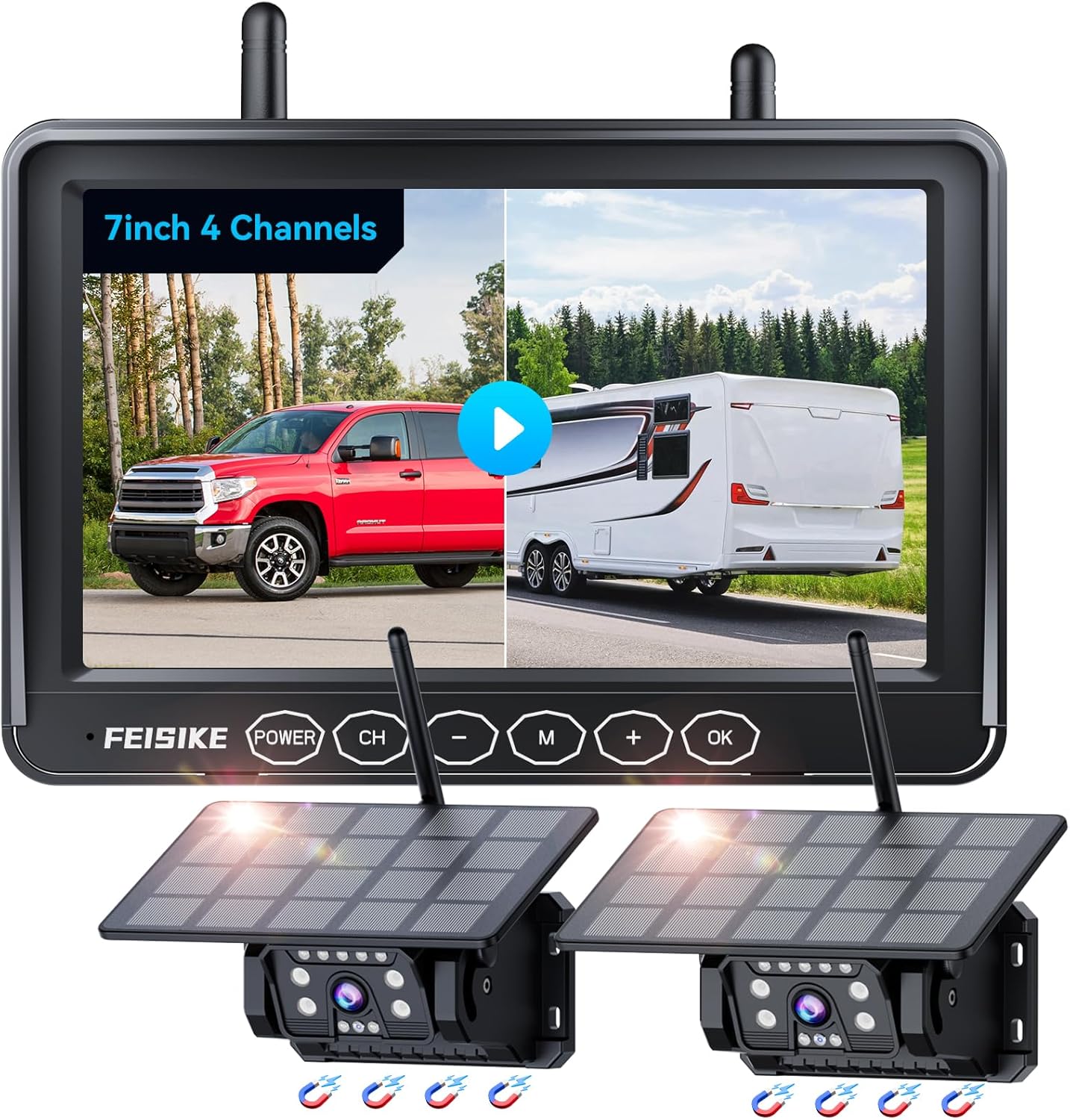 Dual Magnetic Solar Wireless Backup Camera for RV Truck Trailer – 7" 1080P Monitor with Recording, 1-Min Install, No Delay, Wide View, IR Night Vision, 4 Channels, Auto-Sleep Rechargeable