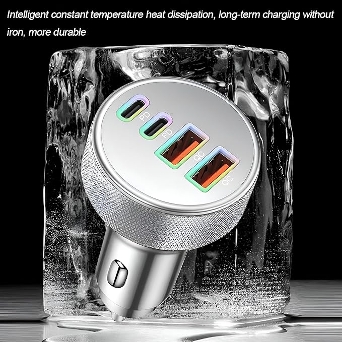 4 in 1 USB C Car Charger, 4-Port 90W PD QC Dual USB C & USB A Vehicle Fast Charging Cigarette Lighter Adapter, Multiport Auto Phone Charge Adapter, Fits 16 15 14 Pro Max Tablet (Silver)