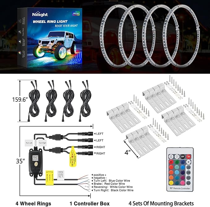 Nilight 4PCS 17.5inch Double Row LED Wheel Ring Lights RGB with APP and Remote Control Neon Light w/Turn Signal and Braking Function Dual Row for Car Van SUV Truck