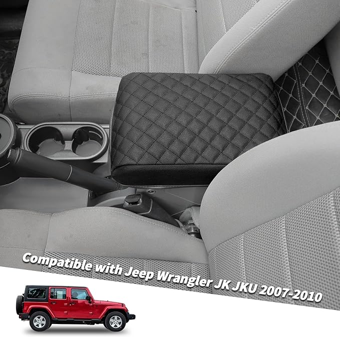 Jimen for JK Armrest Cover, Car Middle Console Cover Pad Arm Rest Cushion Compatible with Jeep Wrangler JK & Unlimited 2007-2010, PU Leather (Black)