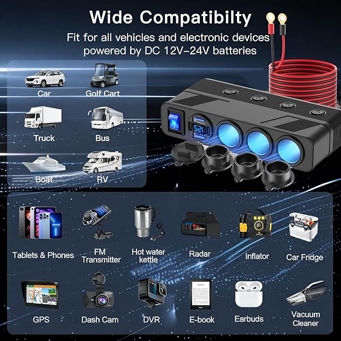 12V Cigarette Lighter Splitter with 10FT/3M Cable, 180W Car Charger Socket Multi 4 USB Port Adapter with LED Display Master and Independent Switch, 12 Volt Power Outlet Plug with Eyelet Terminal