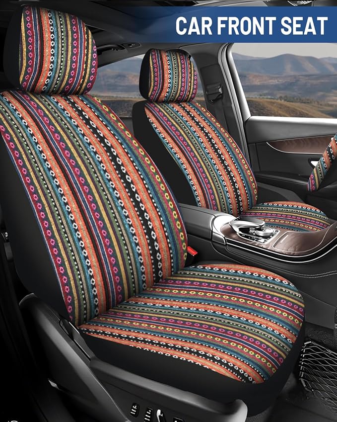 Baja Saddle Blanket Car Seat Covers Front Set, Washable Breathable Striped Woven Cloth Seat Covers for Cars, SUV, Truck, Airbag Compatible(Orange)