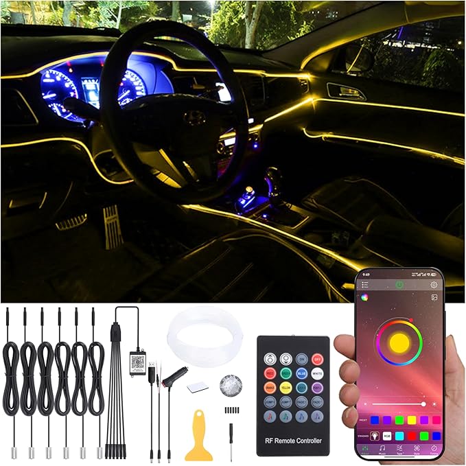 8 Meters Optic Fiber Car Ambient Lighting with Bluetooth App Control + RF Remote Control 64 Colors Multicoloured Music Interior Lighting Kit DC 12V 1W