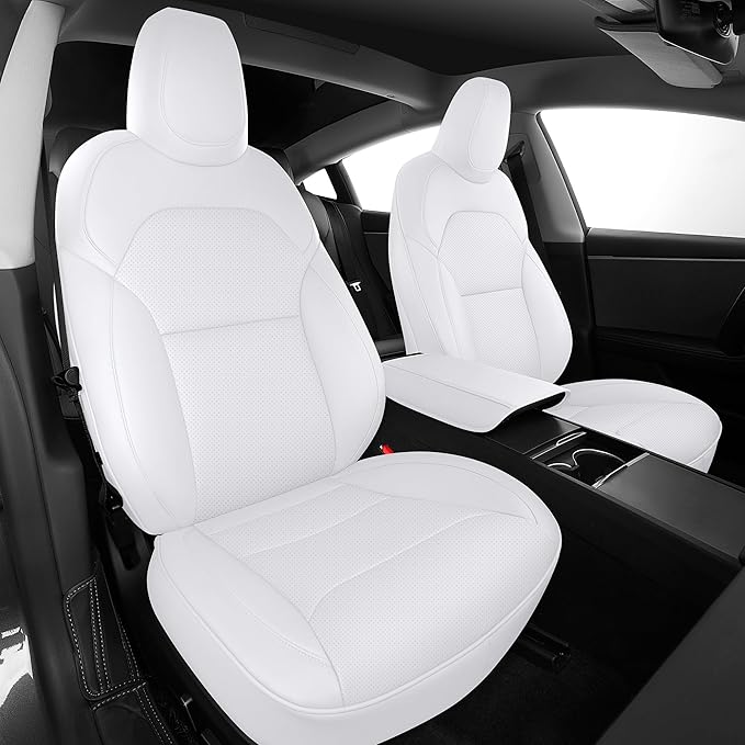 AOMSAZTO Seat Covers for Model 3 2024 2025 (Not Performance)-Full Set Leather Waterproof Car Seat Covers Airbag-Ready Design for Tesla Model 3(with Armrest & Rear Door Pads Cover)-White