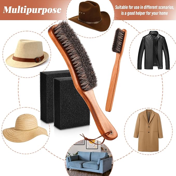 4 Pcs Horsehair Felt Hat Brush Kit with Cleaning Sponge Cowboy Clean Hat Wood Fedora Hat Cleaning Set Baseball Cap Lint Brush Remove Dust for Hair Furniture Suits Clothes(Style B)