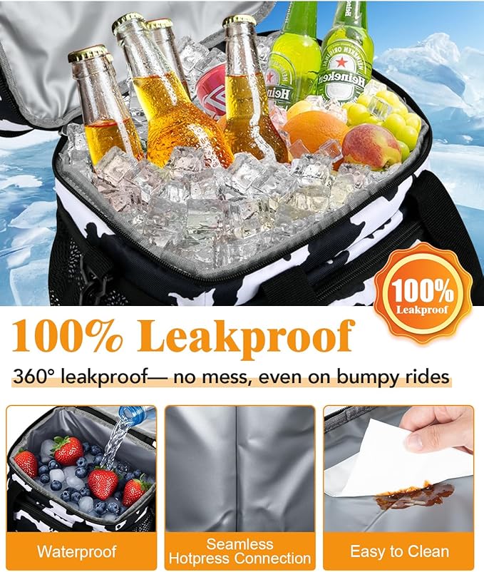 Insulated Lunch Bag for Women, Double Leakproof Lunch Box Soft Cooler Tote with 5 Pockets, 600D Oxford, EVA Lining, Adjustable Strap for Work, Picnic, Beach&Travel-Cow Print