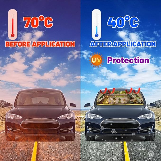 CHILL·TEK Funny Animal Car Windshield Sun Shade Umbrella, Dinosaur Driving Car Sun Shade Umbrella, Block UV Rays Heat Foldable Windshield Umbrella Sun Visor Protector - Keep Vehicle Cool for Cars SUV