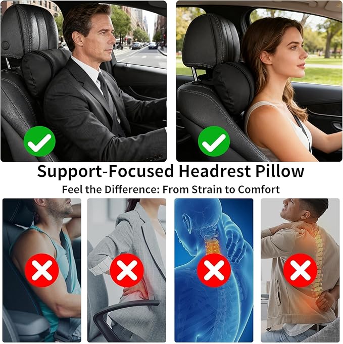 WEIHAO Car Neck Pillow with Adjustable Straps, Ergonomic Head Rest Pillow for Car Seat, Soft Leather Headrest Pillow Car Neck Support Pillow for Driving Office Gaming Chairs Neck Pillow (Black-2PCS)