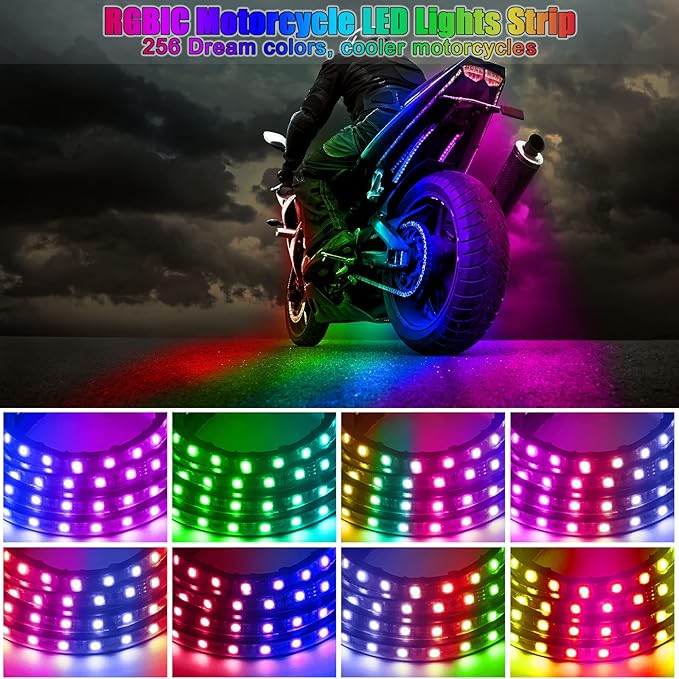 10Pcs Motorcycle LED Underglow Kit, RGB LED Strips Lights with APP Control, Compatible with Harley Davidson, Honda, Kawasaki, Suzuki