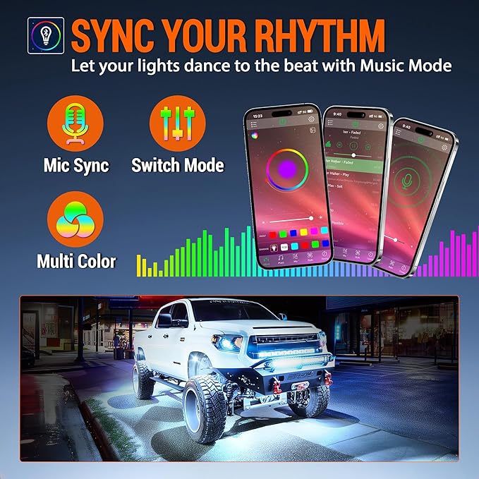 RGB Rock Lights, 16 pods Underglow Neon Lights Kits，APP/RF Remote Control & Music Mode, Waterproof Wireless Multicolor Lamps for Off Road Truck SUV ATV UTV Boat