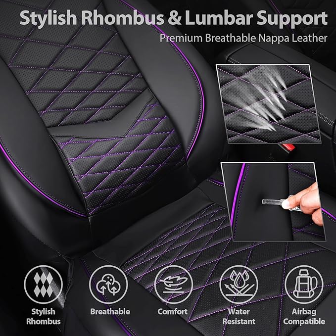 CAR PASS Luxury Nappa Leather Front Seat Covers, Water Resistant 3D Foam Seat Covers with Lumbar Support, Breathable Auto Seat Cover Airbag Compatible Universal Fit Sedan SUV Van Truck, Black Purple