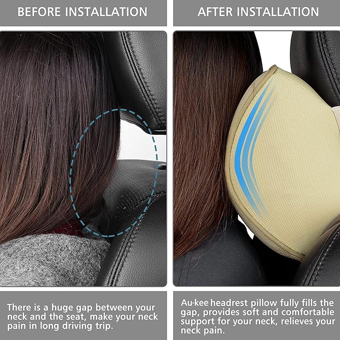 Aukee Car Neck Pillow Soft Memory Foam Leather Headrest for Driving Home Office Beige (Pack of 2)