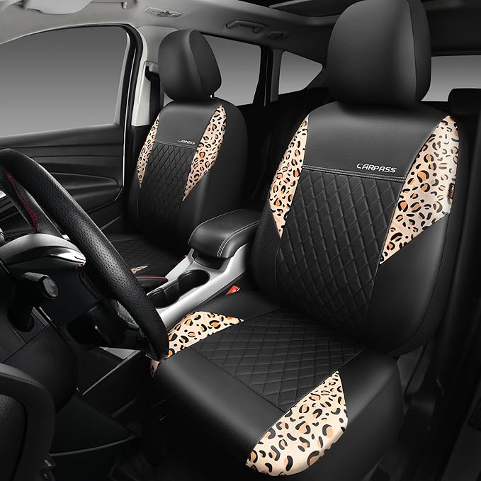 CAR PASS Leather Leopard Two Front Seat Cover Only, Universal Quilting Waterproof Deluxe PU Premium Vinyl Luxury Car Seat Cover Airbag Compatible for Most Sedan,SUV,Truck(Two Front, Brown Leopard)