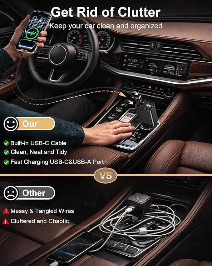 Retractable Car Phone Charger for Samsung S26 S25 Android, 4 in 1 Fast USB C Car Charging Adapter with 2 Flexible USB C Cable, USBC Cigarette Lighter Gift for Men Car Gadgets Electronics Accessories