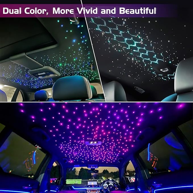 ATOKEE 32W Dual Color Starlight Headliner Kit, Sound Activated Fiber Optic Star Roof Lights with APP/Remote Control, 750pcs*(0.03+0.04+0.06in)*9.8ft