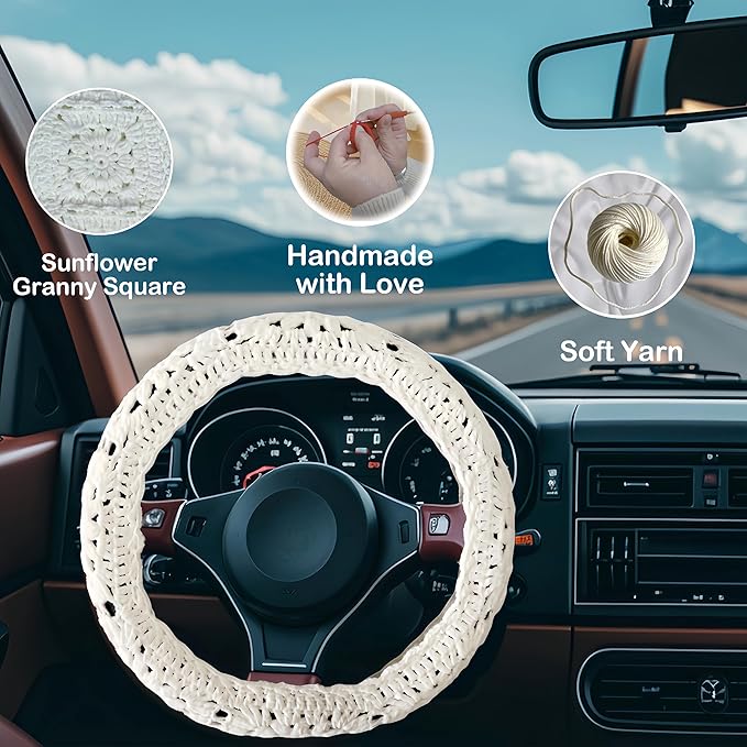 Crochet Steering Wheel Cover, Sunflower Steering Wheel Cover, 14-15 inch, Universal fit, Boho Car Accessories, for Men, Women and Girly, White (Wheel Cover Set)