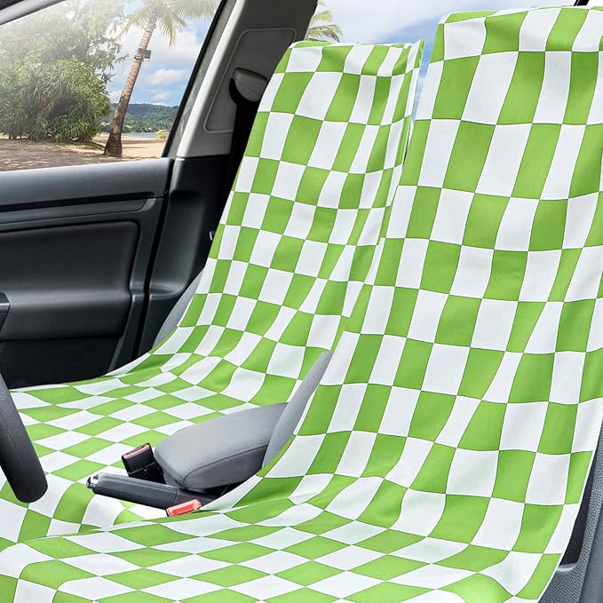 2 Pack Car Seat Towel Covers with Storage Bag 63 x 32 Inch Athletic Running Towel Seat Sweat Washable Non Slip Cover Gift for Car Outdoor Sport Activities (Green and White Plaid)