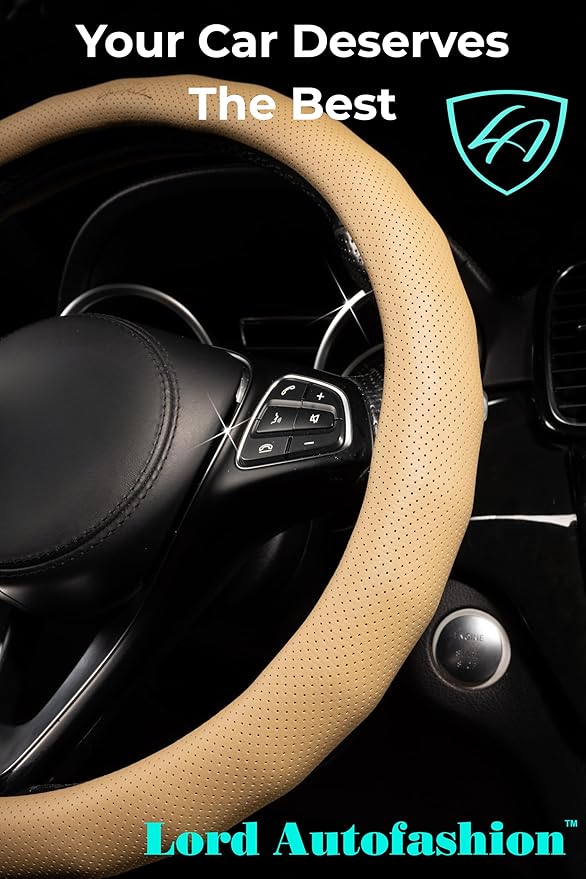 Lord Autofashion Steering Wheel Cover – PU Leather, Non-Slip Rubber Inner, All-Season Comfort – 14.5–15 Inch (Beige 8571)