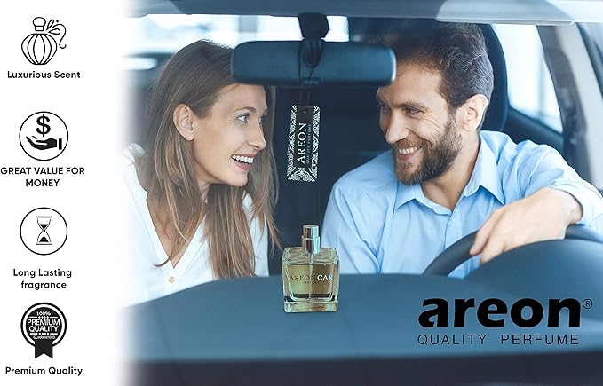 AREON Car Perfume Gold - Air Freshener in Glass Bottle - Luxury Odor Eliminator Spray with Absorber Hanging Pad - Unique Fragrance & Long-Lasting Aroma for Vehicle, Office, Home - Made in Europe, 50ml
