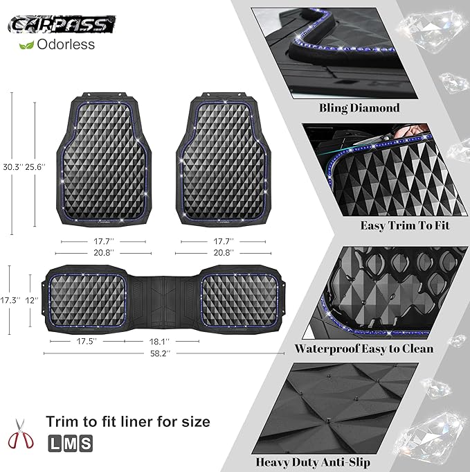 CAR PASS Bling Diamond Rubber Car Mats, Heavy Duty Deep Dish All-Weather Floor Mat Full Set Anti-Slip 3D Rhombus Waterproof Trim to Fit Liner Universal Glitter Sparkly Shining Rhinestone, Black Blue