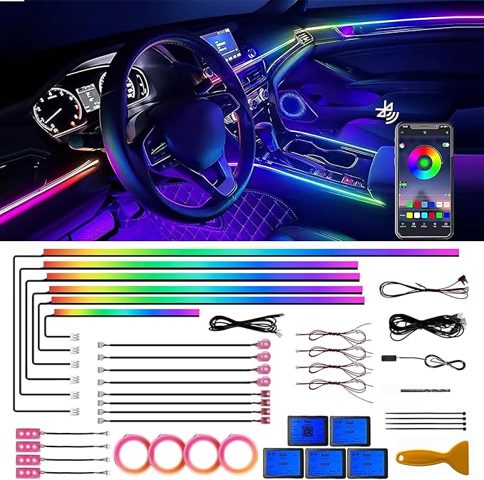 Acrylic Interior Car LED Strip Lights, Colorful 22-in-1 Car Ambient Lighting Kit, with APP Control, 622 LED Fiber Optic Strip Lights for Cars, Supports Neon Sync with Music DIY Mode.