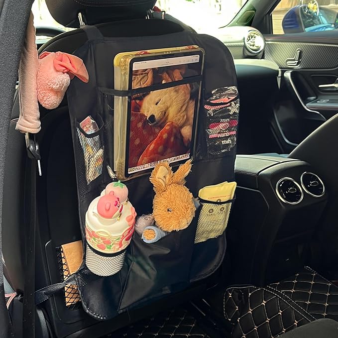 Car Backseat Organizer with 12 Storage Pockets, 12" Touch Screen Tablet Holder, Waterproof Kick Mats Seat Protector, Car Organizers and Storage for Kids, Road Trip Essentials（2 Pack，Black）