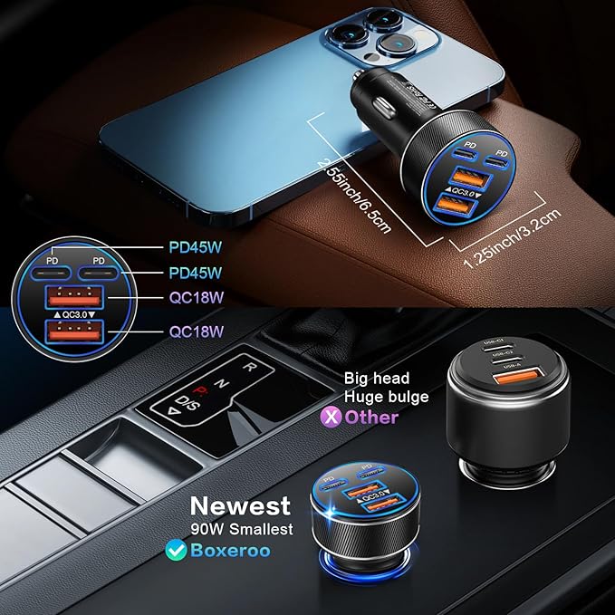 USB C Car Charger, Multi Port 90W Super Fast Charging Cigarette Lighter Adapter, 4-in-1 Dual USB-C & USB-A Car Phone Power Adapter for iPhone 17/16/15/Pro Max, iPad, Samsung Galaxy S25 (Black, 1-Pack)