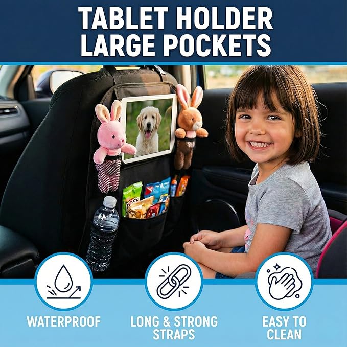 Car Backseat Organizer with 12 Storage Pockets, 12" Touch Screen Tablet Holder, Waterproof Kick Mats Seat Protector, Car Organizers and Storage for Kids, Road Trip Essentials（2 Pack，Black）