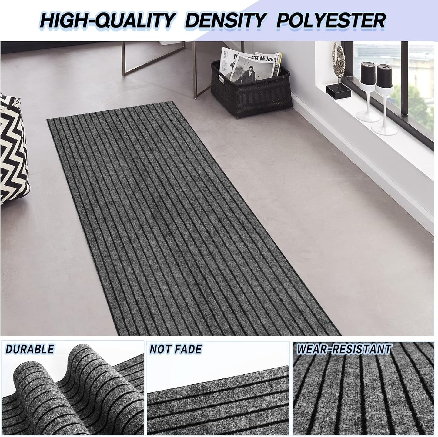 Custom Size Backed Non-Slip Area Rugs Runner, Easy Clean, Waterproof Runner Rugs for Hallway Entryway, Kitchen, Laundry, 3FT x 54FT, Gray Stripe