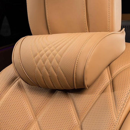 Car Headrest Memory Foam Neck Pillow for Driving with Leather Cover Soft Comfortable Seat Head Pillow Cushion for Most Cars SUV Sedan Home Office Palomino Brown (1PC)