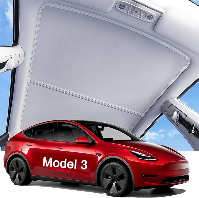 2026 Upgraded Tesla Model 3 Sunshade Roof, UPF200+ Roof Sunshade with Storage Bag, No-Sag & No-Gaps Heat Insulation Foldable Glass Roof Sun Shade, Tesla Model 3 Accessories MY20-23 Gray