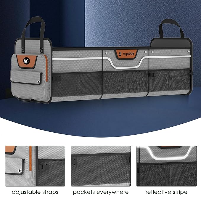 SugarFox Car Trunk Organizer for SUV, Heavy Duty Waterproof Trunk Organizer, Foldable Collapsible Car Organizer with Cooler, Multi-Compartment Large Trunk Organizer (95L), Gray-M003