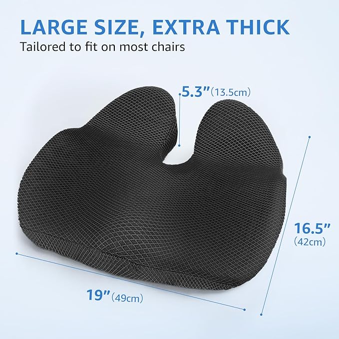 Sytopia Extra Large Office Chair Cushion, 19" x 17" Ergonomic Memory Foam Seat Cushion, Pressure Relief for Tailbone Pain, Sciatica & Hip Pain, Booster Pad for Sitting & Driving, Extra Cover (Black)