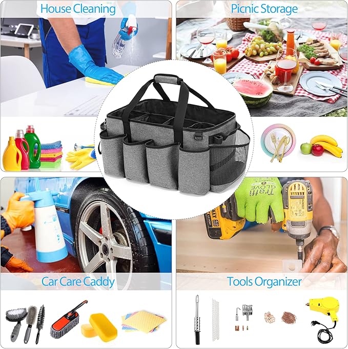 HODRANT Extra-Large Cleaning Caddy, Organizer with Handles for Cleaning Tools & Products Storage, Large Capacity Tote Bag for Car, Home & Housekeeping Work, Gray