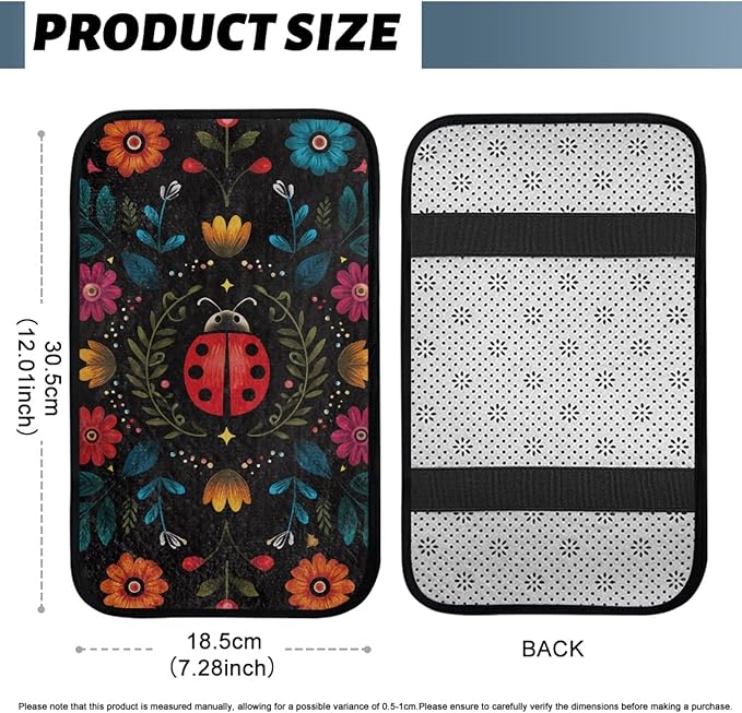 CLOHOMIN Cute Ladybug Center Console Armrest Cover for Car Sedan Van Flannel Car Armrest Cushion Winter Automobile Arm Rest Cushion Pad Flowers Auto Decoration Accessories