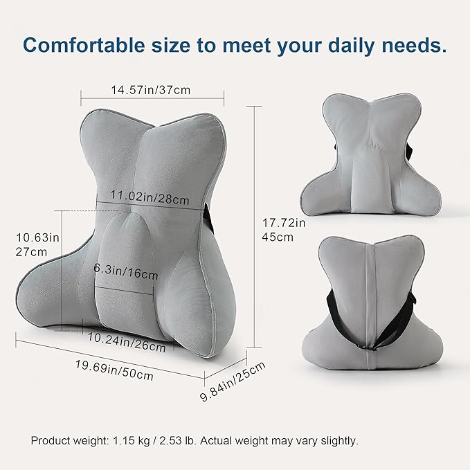 Lumbar Back Pillow (Pat. Pend), Supportive Back Cushion for Bed, Couch & Recliner, Ergonomic Lumbar Pillow with Customizable Firmness for Lower Back Pain Relief, Zinc Gray