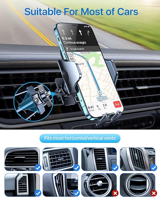 andobil Phone Holders for Your Car - Air Vent Phone Mount, Ultra-Stable Metal Clip with Anti-Shake & 360° Rotation, Universal Car Mount Fit iPhone 17/16/15/14/13/12 Pro Max/Android/Samsung Gary