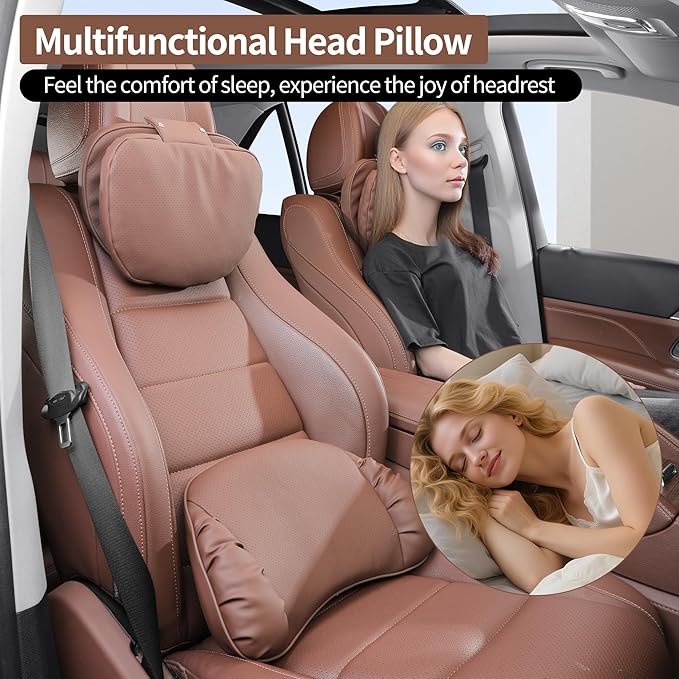 Car Headrest Pillow for Driving, Dual-Sided Leather Design Neck Pillow, Breathable Softness Neck Support, Universal Fit Head Rest Travel Pillow, Brown, 2 Pack