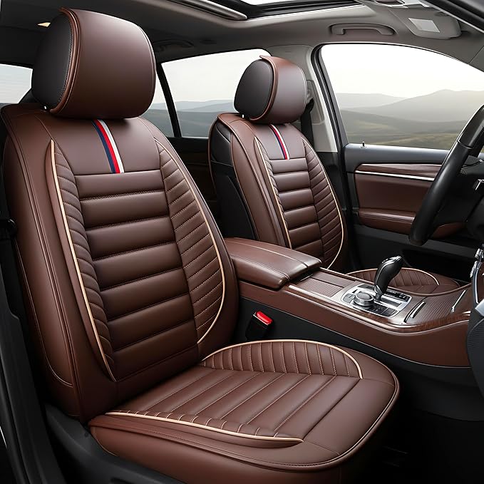 OASIS AUTO Car Seat Covers Front Seats Premium Waterproof Faux Leather Cushion Universal Accessories Fit SUV Truck Sedan Automotive Vehicle Auto Interior Protector (OS-001 Brown)