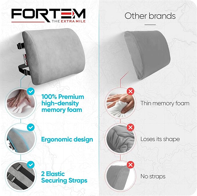 FORTEM Lumbar Support Pillow for Office Chair, Lumbar Support Pillow for Car, Back Rest for Gaming, Memory Foam Pillow, Desk Chair Cushion, Breathable & Washable Cover, Adjustable Straps
