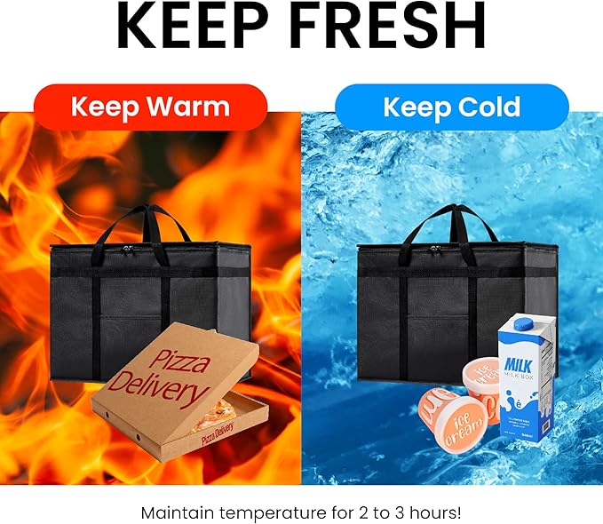 Insulated Bags for Food Delivery (XL Plus) Grocery Shopping Cooler Bag, Pizza Delivery, Hot & Cold Catering Tote, Reusable, Foldable & Heavy Duty (2 Pack, Green)