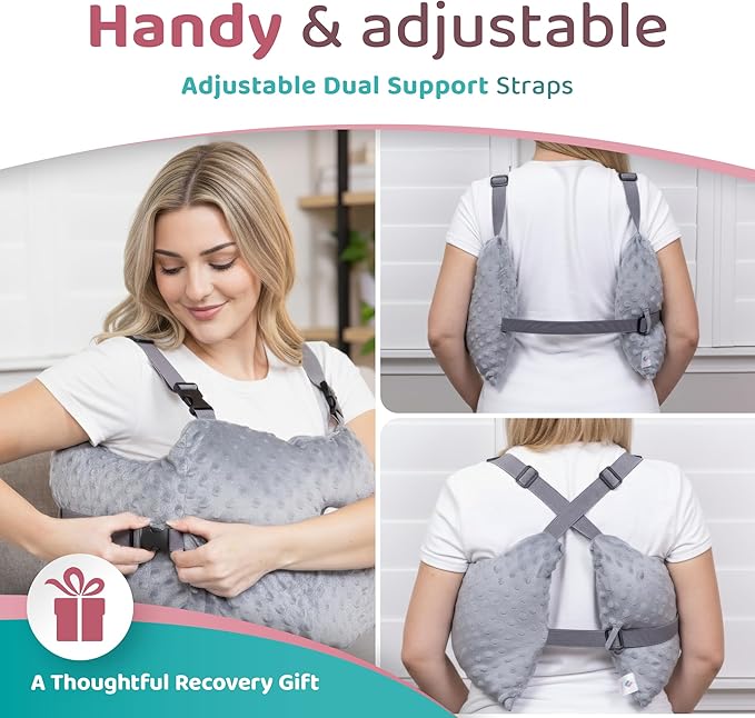 Zomaple Mastectomy Recovery Pillow with Strap, Swirly Gel Pack, Seat Belt Cover & Shower Lanyard – Post-Op Essentials, Breast Augmentation/Reduction & Recovery Supplies – Washable Cover for Comfort