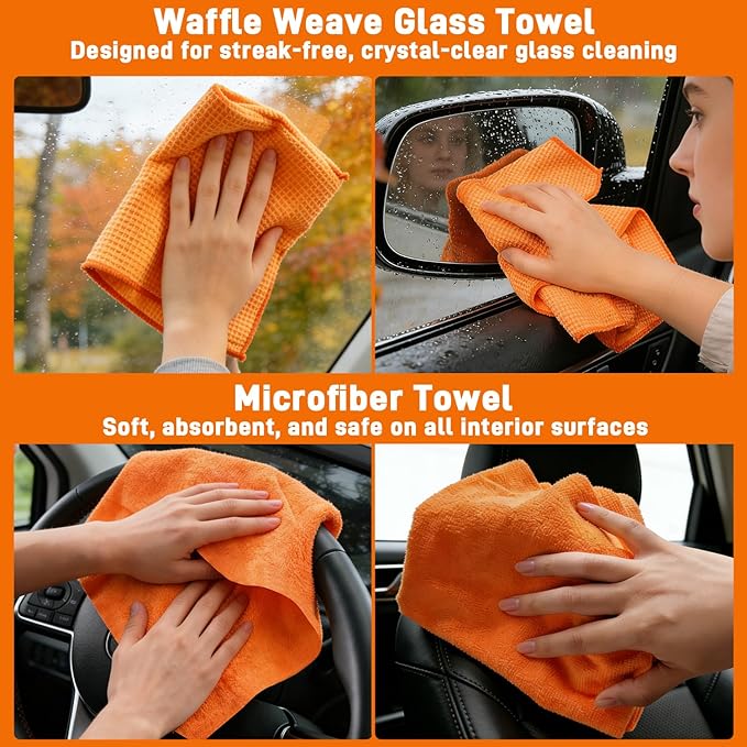 XINDELL Windshield Cleaner Tool, Extendable Car Window Cleaning Kit with 360° Rotating Head, All Purpose 10pcs Interior Exterior Glass Cleaner for Cars Trucks SUVs, with Microfiber Pads & Towels