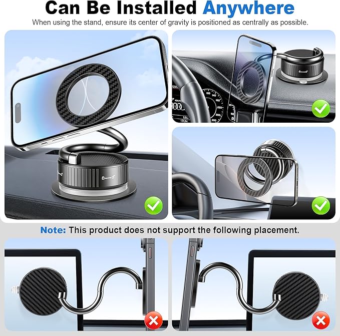 LivTee Vacuum Magnetic Phone Holder for Your Car, The 360° Adjustable Suction Cup Phone Mount with a Sleek Metallic & Carbon Fiber Design, Features a 3000gf Magnet, Fits Magsafe, Fits iPhone & Android