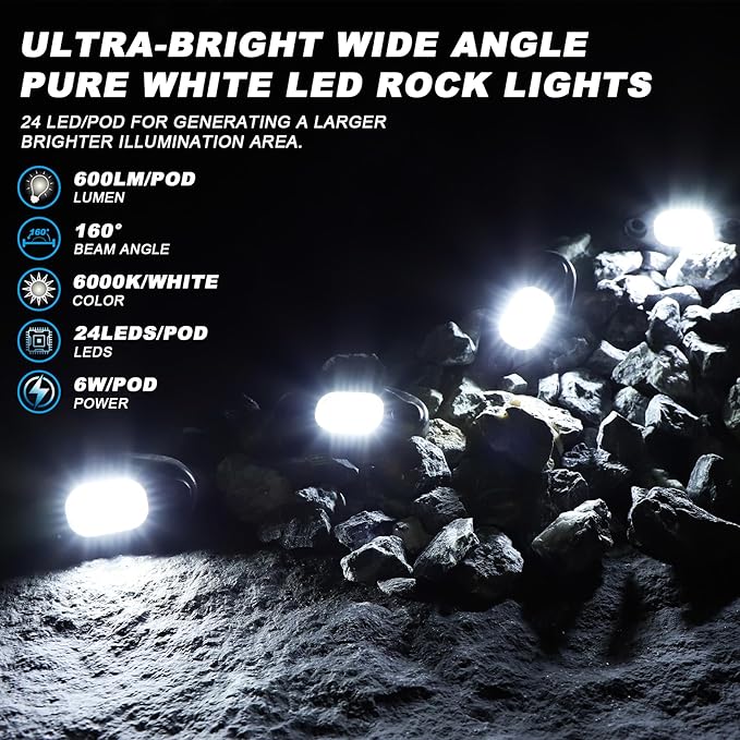Rock Lights for Trucks-24Chip High Power 6000k Pure White, 15FT Cable Each Light, Aluminum Case, Waterproof IP68 Underglow Lights for Cars Jeep UTV ATV(16 PCS)