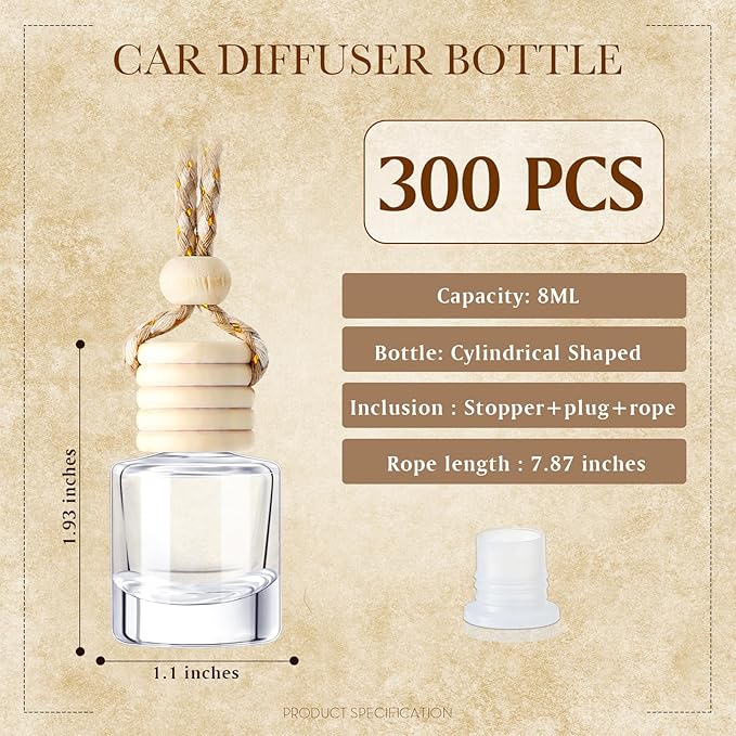 Zubebe 300 Pcs Hanging Car Air Freshener Diffuser Bottles Empty Bulk 8ml Clear Glass Essential Diffuser Oil Pendant Bottle Refillable Automotive Aromatherapy Fragrance Perfume Containers, Cylindrical