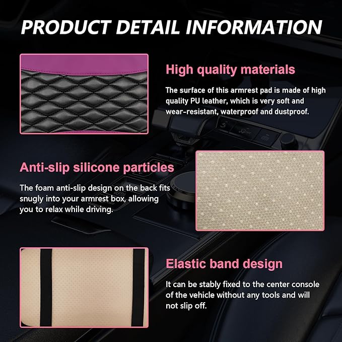 Car Center Console Cushion Pad, PU Leather Waterproof Auto Armrest Box Cover Protector, Comfortable Armrest Seat Box Cover Mat, Universal Car Accessories for SUV Truck (Purple)