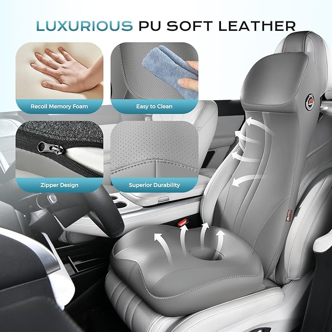 Coverado Memory Foam Car Seat Cushion and Lumbar Support Headrest Pillow, 2-in-1 Integrated Ergonomic Back Support Neck Pillow, Breathable Seat Cushion for Sciatica Back Tailbone Pain Relief, Gray