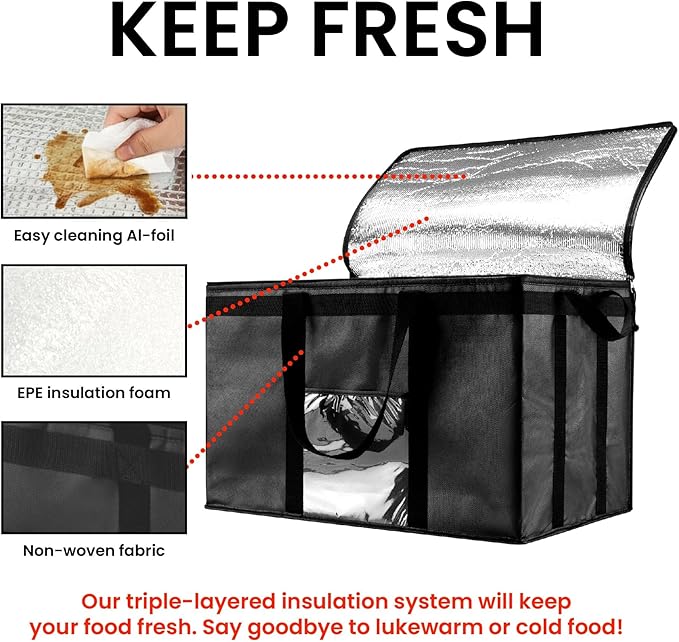 NZ home Insulated Bags for Food Delivery (3XL) Grocery Shopping Cooler Bag, Pizza Delivery, Hot & Cold Catering Tote, Reusable, Foldable & Heavy Duty (4 Pack, Black)