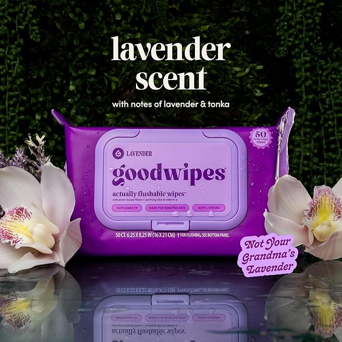 goodwipes Flushable Butt Wipes - Vitamin E & Aloe - Sewer & Septic Safe - Extra Large Adult Wet Wipes For Women & Men - Bathroom Essentials - Lavender, 153 Count (3 Packs + 3 Individually Wrapped)